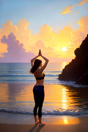 Image of girl performing yoga asana on the beach. Peace of mind, meditation concept. AI generated content.の素材