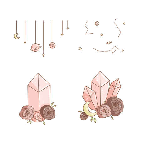 A set of 4 pastel pink gemstone icons, space themed, crystal collection.の写真素材