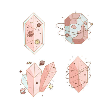 Set of four galaxy space gemstones, crystal collection pastel galaxyの写真素材