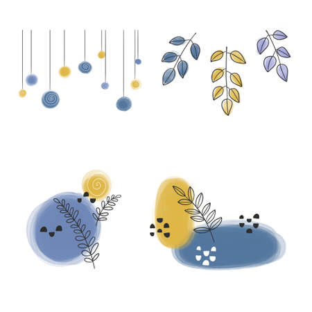 Set of abstract bullet journal blue and yellow artistic icons fun doodle additions to journalsの写真素材