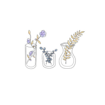 Three simple bullet journal plants in vases and jars. Cute and simple aesthetic doodle set.の写真素材