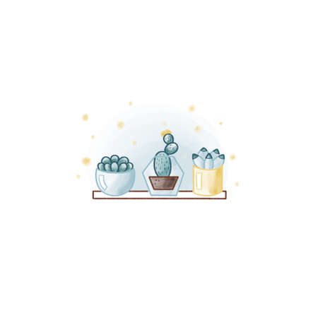 Set of three succulents with lights on a shelf. Watercolor cute hand drawn doodle.の写真素材
