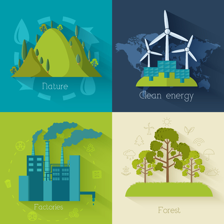 Flat design of ecology, environment, green clean energy and pollのイラスト素材