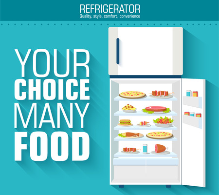 Flat fridge full of many food background concept. Vector illustrのイラスト素材