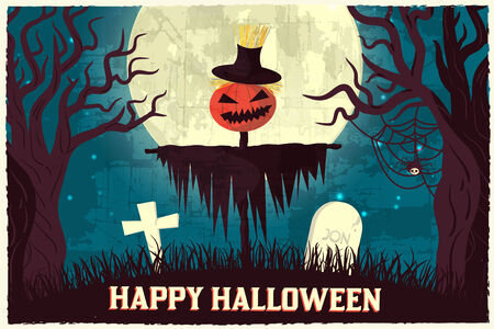 Halloween time background concept in retro style. Vector illustrのイラスト素材
