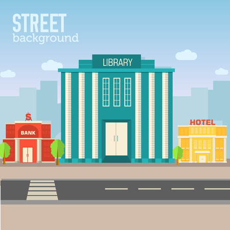 Illustration for library building in city space with road on flat syle background - Royalty Free Image