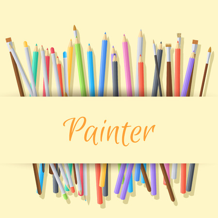 flat art painter workshop with paint supplies equipment tools baのイラスト素材