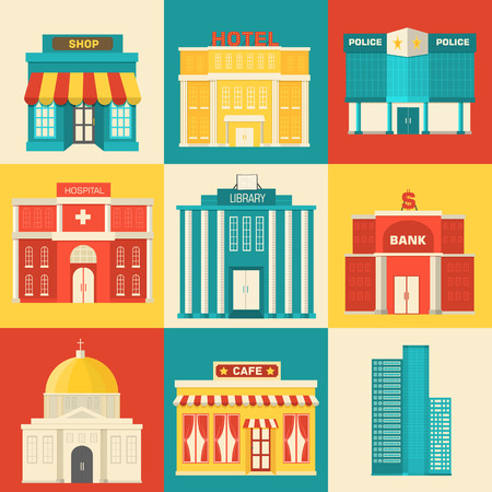 Flat colorful vector sity buildings set. Icons background concepのイラスト素材