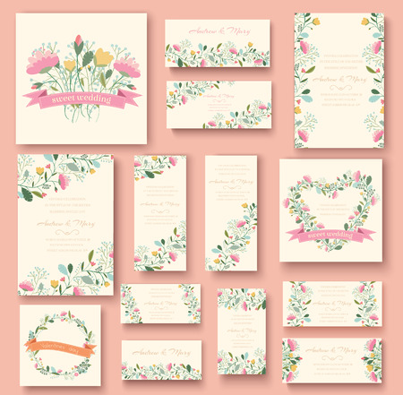colorful greeting wedding invitation card illustration set. Flowのイラスト素材