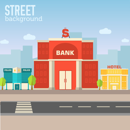 bank building in city space with road on flat syle backgroundのイラスト素材