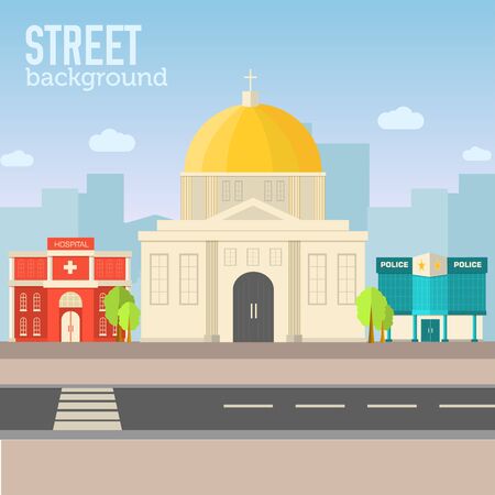 church building in city space with road on flat syle backgroundのイラスト素材