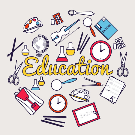 back to school circle flat icons.  Thin lines outlineのイラスト素材