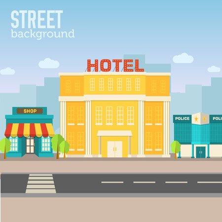 Hotel building in city space with road  illustrationのイラスト素材