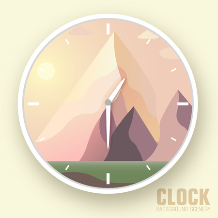 Flat colorful vector nature mountain clock illustrationのイラスト素材
