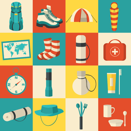 Flat sticker colorful vector tourist equipment icons illustrationのイラスト素材