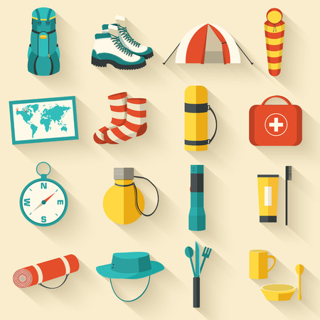 Flat sticker colorful vector tourist equipment icons illustrationのイラスト素材