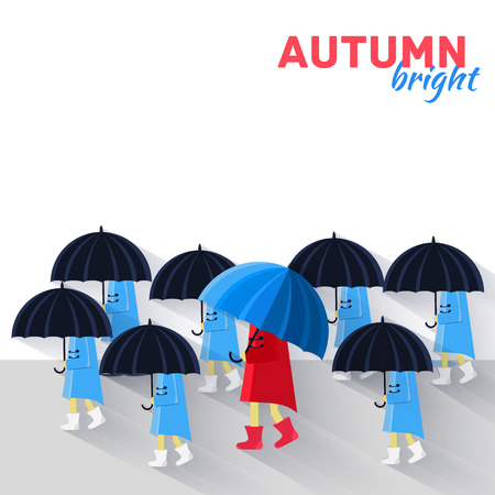 People with umbrella in a autumn raining day  illustrationのイラスト素材