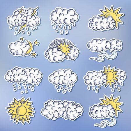 hand painted sketch sticekr line weather set icons illustrationのイラスト素材