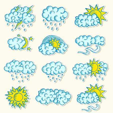 hand painted sketch sticekr line weather set icons illustrationのイラスト素材