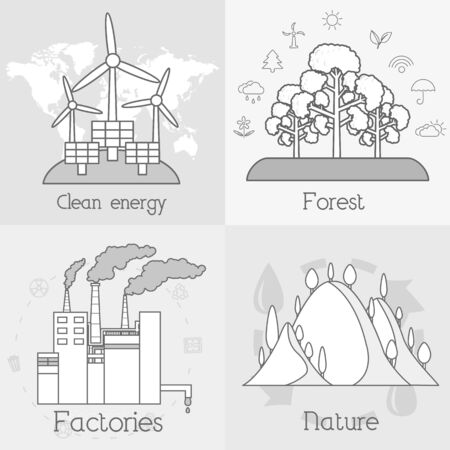 Flat set of ecology, environment, green clean energy and pollution backgrounds. Vector concept illustration. Thin linesのイラスト素材