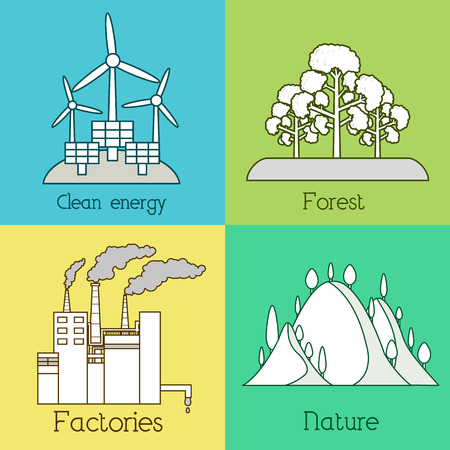 Flat set of ecology, environment, green clean energy and pollution backgrounds. Vector concept illustration. Thin linesのイラスト素材