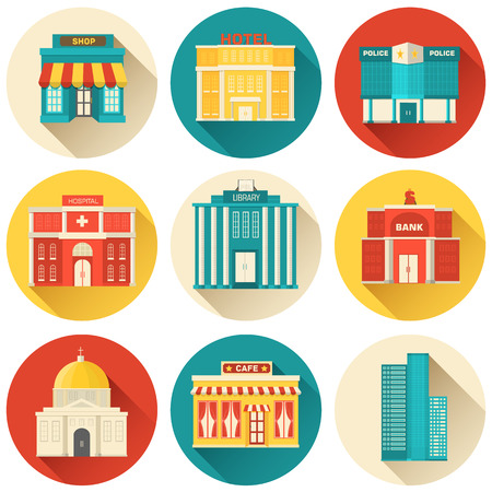 Flat colorful vector sity buildings set. Icon background conceptのイラスト素材