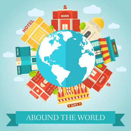 Flat colorful vector sity around of the world buildingsのイラスト素材