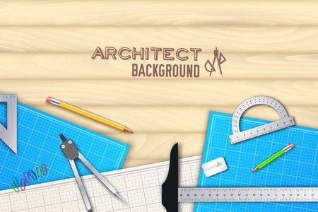 Architect wood table project with professional equipment background concept. Vector illustration designのイラスト素材