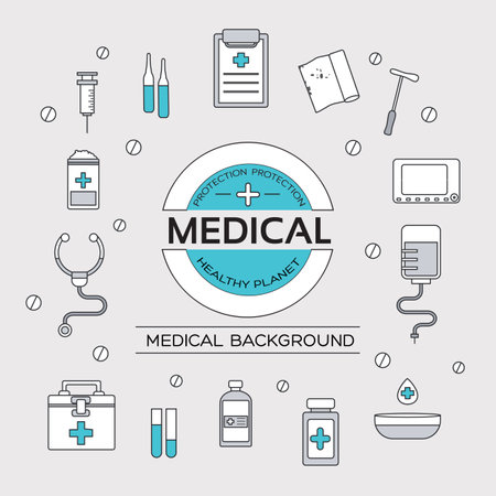 set flat medical icons illustration concept. Vector background with medicine label. Thin lines outline designのイラスト素材