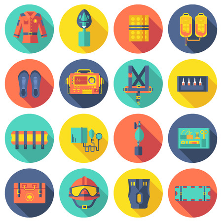 medical rescue uniform and set first aid help equipment and instruments. On flat style background concept. Vector illustration for colorful template for you design, web and mobile applicationsのイラスト素材