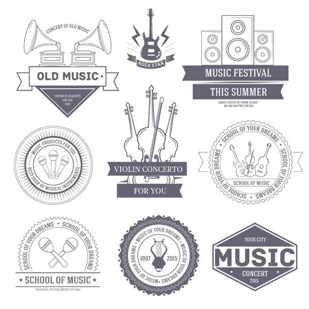 Music set label template of emblem element for your product or design, web and mobile applications with text. Vector illustration with thin lines isolated icons on stamp symbol.のイラスト素材