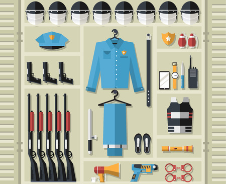 police uniform and set protection staff equipment in the closet office. On flat style background concept. Vector illustration for colorful template for you design, web and mobile applicationsのイラスト素材