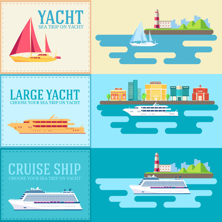 Set of flat yacht, scooter, boat, cargo ship, steamship, ferry, fishing boat, tug, bulk carrier, vessel, pleasure boat, cruise ship with blue sea banners concept. Vector design illustrationのイラスト素材