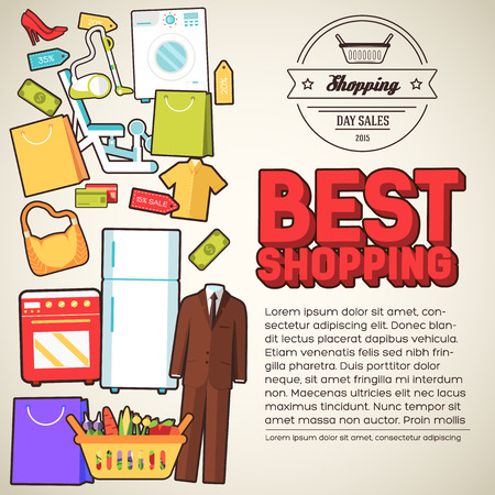 Many object purchased in the shop. Shopping abstract background concept. In flat sticker style icons with shop label design illustration.のイラスト素材