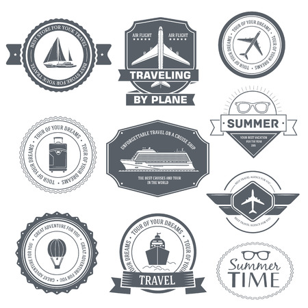 Travel set label template of emblem element for your product or design, web and mobile applications with text. Vector illustration with thin lines isolated icons on stamp symbol.のイラスト素材