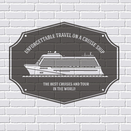 Travel colored logo or label template  with blurred background on brick wall. Vector illustration of a cruise ship isolated icons for your product or design, web and mobile applications with text.のイラスト素材