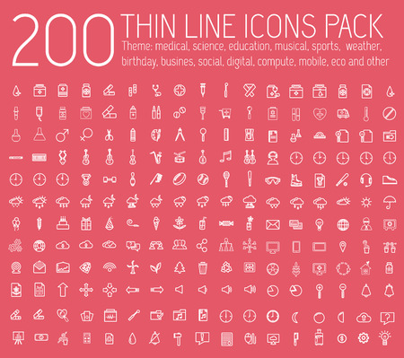 set of thin line icons pictogram. For web and mobile infographic. Happy birthday, business, ofiice, digital, mobile, eco, sport, education, music, whether, medical theme. Vector illustration designのイラスト素材