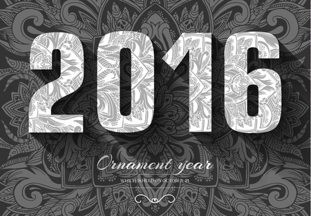 Hand drawn new year 2016 background ornament illustration concept. Vector decorative retro card or invitation design. Vintage Islam, arabic, indian, ottoman motifs, elements.のイラスト素材