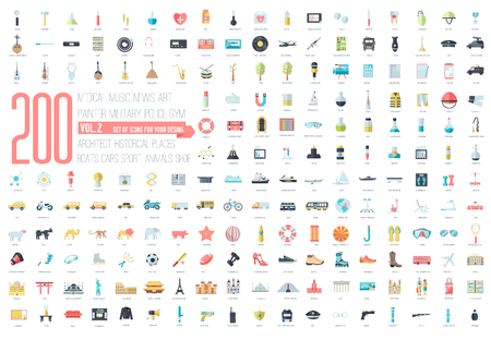 Flat big collection set icons of medical, army, war, shoe, nature, news, draw, police, rafting, room, science, boat, sport, gym, car, animal, summer, tool, country. For infographic illustration designのイラスト素材