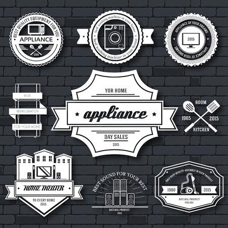 appliances label template of emblem element for your product or design, web and mobile applications with text. Vector illustration with thin lines isolated icons on stamp symbolのイラスト素材