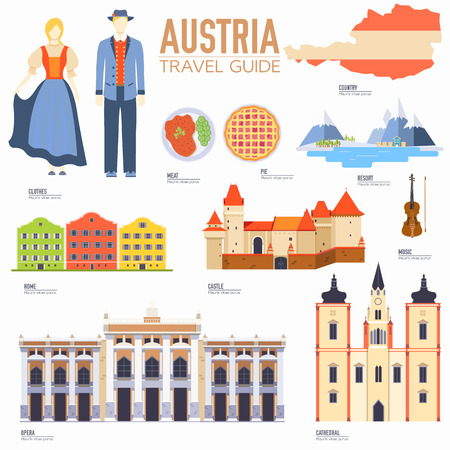 Country Austria travel vacation guide of goods, places and features. Set of architecture, people, culture, icons background concept. Infographics template design for web and mobile. On flat styleのイラスト素材