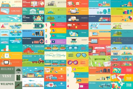 Big collection of banners in flat style. In Set themes: business, airport, online workshop, travel, medicine, eco, news, home appliance, farm, food, glasses, city, army, painter, export. Vector designのイラスト素材