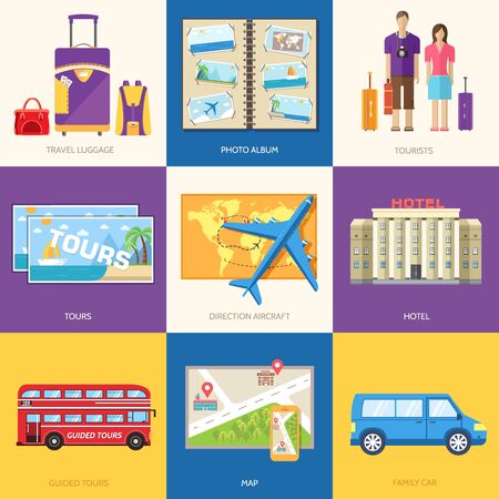 Travel guide infographic with vacation tour locations and items. Tourism with fast travel of the world on a flat design style. Vector illustration concept icons setのイラスト素材