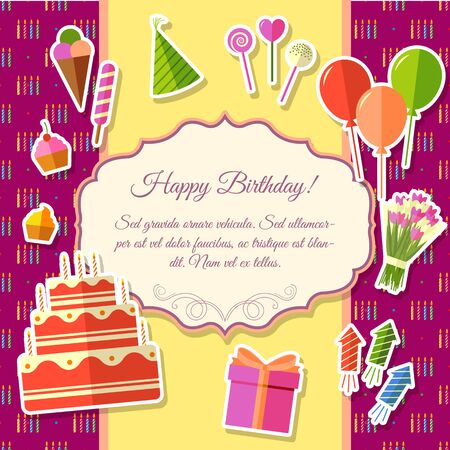 Happy birthday festive elements on pink background poster in sticker style design. Vector illustration template card illustration conceptのイラスト素材