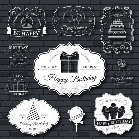 Happy birthday set label template of emblem element for your product or design, web and mobile applications with text. Vector illustration with thin lines isolated icons on stamp symbol.のイラスト素材