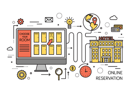 Thin line online reservation modern illustration concept. Infographic guide way from website to the hotel. Icon isolated on white background. Flat vector template design for web and mobile applicationのイラスト素材