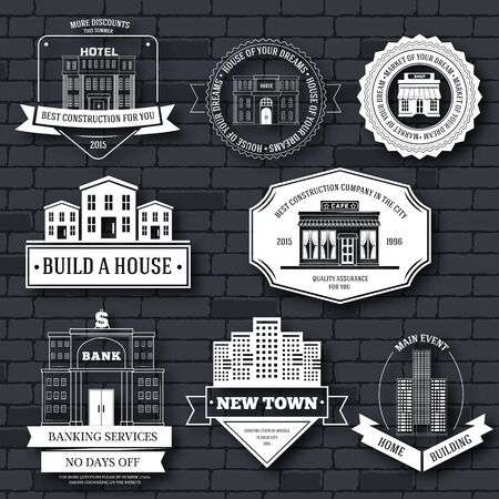 City buildings label template of emblem element for your product or design, web and mobile applications with text. Vector illustration with thin lines isolated icons on stamp symbol.のイラスト素材