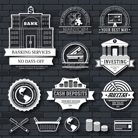 Business set label template of emblem element for your product or design, web and mobile applications with text. Vector illustration with thin lines isolated icons on stamp symbol.のイラスト素材