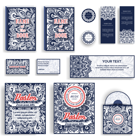 Corporate Identity vector templates set. Vector decorative retro greeting card, flyers, books, invitation design. Abstract beauty art ornament background illustration concept. Typographic invite textのイラスト素材