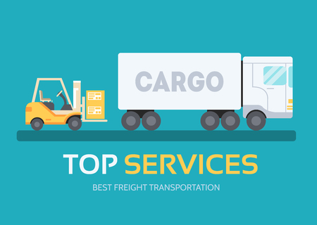 Cargo freight in flat design background concept.  Logistic equipment and delivery service. Icons for your product or illustration, web and mobile applicationsのイラスト素材